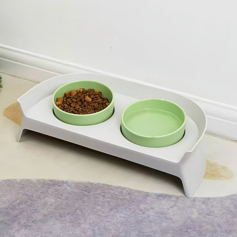 PAKEWAY Double Plastic Green Feeding Bowls with Grey Rack