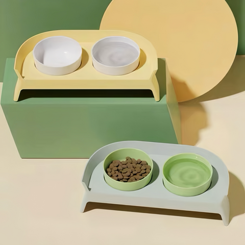 PAKEWAY Double Plastic Green Feeding Bowls with Grey Rack